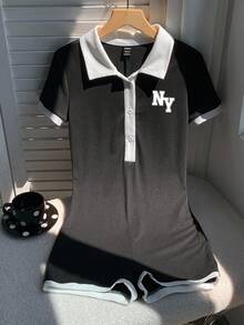Attitoon Casual Minimalist College Style Polo Collar Contrast Color Black & White NY Letter Placement Print Pattern Women's Jumpsuit, Suitable For Early Autumn, Versatile Style, Vintage, Sexy, Cute, Y2K, Coconut Girl, Boho, Hippie, Music Festival, Suitable For Autumn/Winter