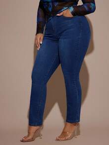 SHEIN BAE Plus Size High Waist Water Wash Jeans - Dark Wash - View 6