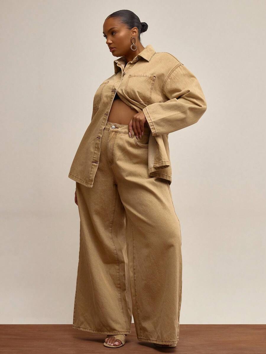 MUSERA Plus Size Washed Wide Leg Jeans , Winter, Everyday, Cute, Casual, Cozy, Galleries - Yellow - View 1