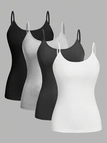 SHEIN EZwear 4pcs/Set Plus Size Women Solid Color Casual Tight-Fitting Camisole Vest Top, Versatile For Spring/Summer