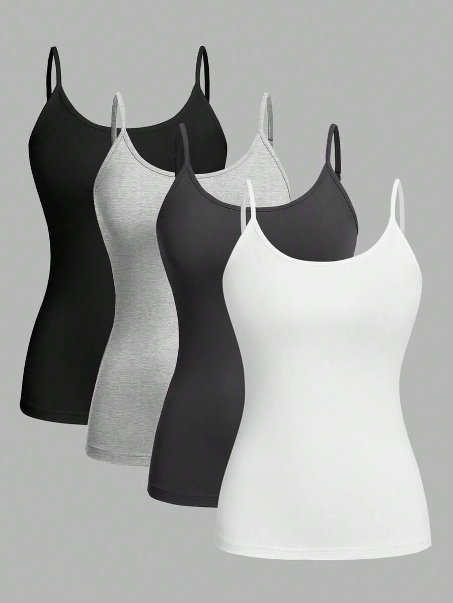SHEIN EZwear 4pcs/Set Plus Size Women Solid Color Casual Tight-Fitting Camisole Vest Top, Versatile For Spring/Summer