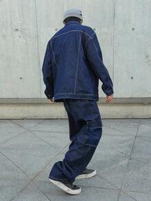 SHEIN 2Pcs Teen Boy Fashion Casual Y2k Vintage Cool Street Returns To School College Two Pieces Set Of Basic And Simple Dark Blue Denim Lapel Long-Sleeved Jacket With Contrasting Color Lines And Pocket Design Loose-Fitting Jeans For Kids Clothes Teen Boy Soft Dailywear And Kids Winter And Fall Rave Outfits Festival And Outfits Streetwear Clothes Denim Boys Outfit Y2k Street Vintage Washed Denim - Blue - View 4