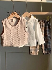 SHEIN 男宝宝秋冬可爱百搭针织背心、格子裤、白衬衫三件套，适合生日派对、锐舞派对、晚宴、演出、婚礼、迎婴派对、一周岁生日庆祝等场合。 - 彩色 - 查看 5