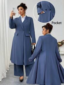 Elenzga Plus Size Stiff Fabric Blazer Jacket Long Sleeve Lapel Collar Real Pockets Decoration Single-Breasted + Straight Elastic Waist Pants 2 Pieces Set, Suitable For Commuting, Outing, Party, And Dating
