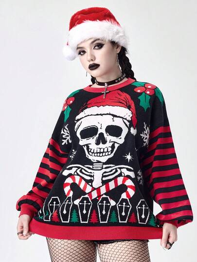 Goth Suéter de mujer con patrón de árbol de Navidad oscuro, calavera, copo de nieve y bastón de caramelo