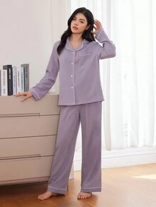 SHEIN 2 件套青少年女孩都市简约翻领前口袋长袖上衣和裤子休闲睡衣套装女士长袖睡衣套装白色滚边睡衣套装纽扣睡衣套装女士睡衣紫色睡衣套装女士睡衣紫色睡衣 - 淡紫色 - 查看 1