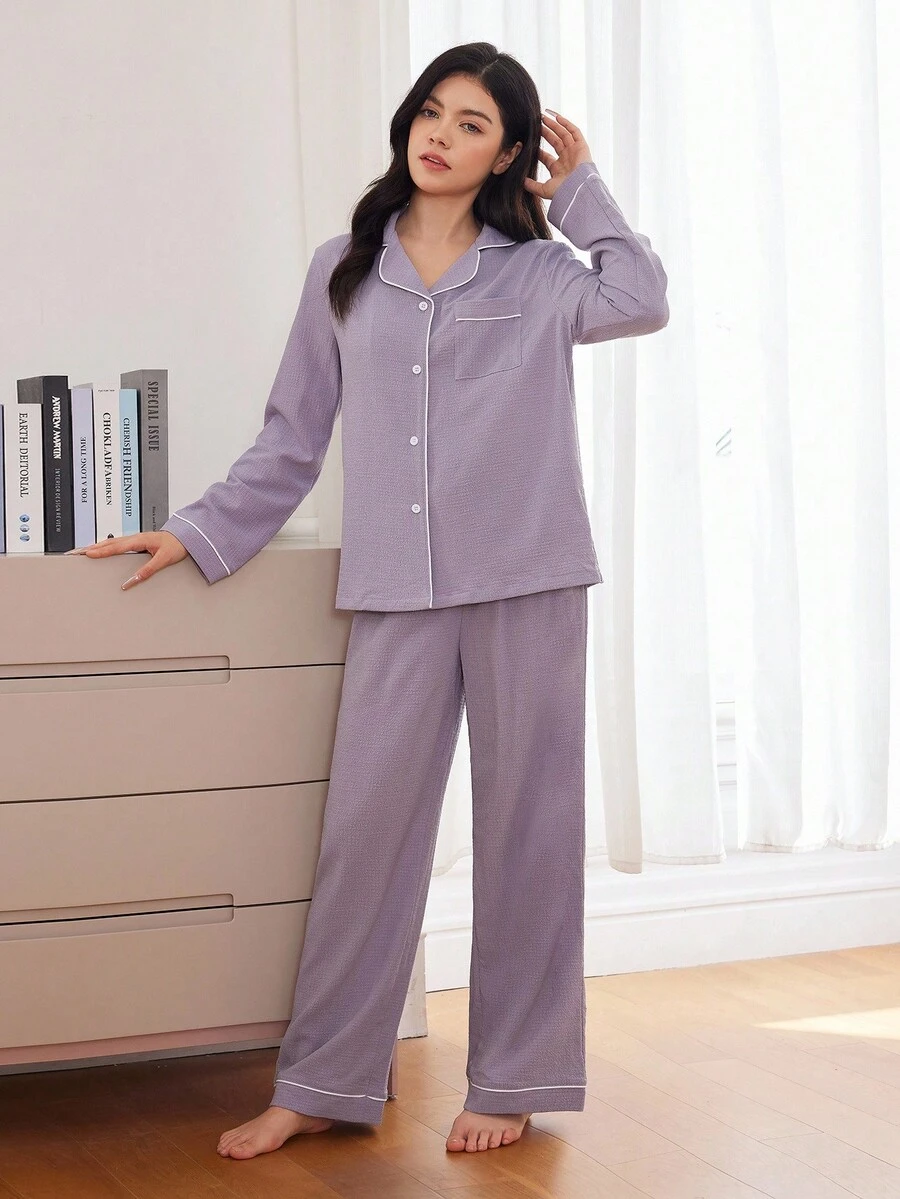SHEIN 2 件套青少年女孩都市简约翻领前口袋长袖上衣和裤子休闲睡衣套装女士长袖睡衣套装白色滚边睡衣套装纽扣睡衣套装女士睡衣紫色睡衣套装女士睡衣紫色睡衣 - 淡紫色 - 查看 1