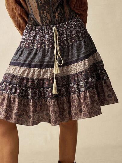 Bohemela Autumn Women's Vintage Music Festival Halloween Casual Vacation Floral Printed Ruffled Skirt With Waist Tie Loose Women Skirt, Western Country Style Concert Vacation, Suitable For Vacation & Daily Wear & Back To School