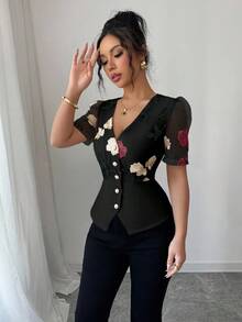 Selianne Áo sơ mi nữ cổ chữ V thắt eo in tiền cổ điển và thêu ren thanh lịch mùa hè, phù hợp để đi làm và đi nghỉ - màu đen - Xem 5