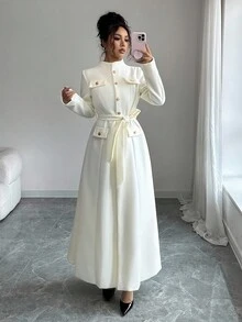 Rafferiza 女式纯色立领长袖单排扣腰带设计优雅大衣，秋冬 - 米色 - 查看 7