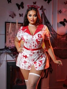 5 件万圣节性感护士服装套装，修身紧身 - 紅白色 - 查看 6