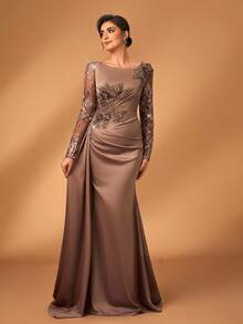 Serin Đầm dạ hội dài tay dáng đuôi cá sang trọng, thanh lịch với họa tiết ren thêu phối ren, chất liệu satin co giãn, xếp ly và voan mỏng, thích hợp cho đám cưới, tiệc tùng, kỳ nghỉ, dạ hội, váy dạ hội cho mẹ cô dâu, ngày Valentine. - Cà phê nâu - Xem 6