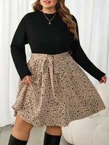 SHEIN CURVE+ 大码女式花卉印花立领带、腰带、下装和上装双色 A 字印花连衣裙 - 彩色 - 查看 5