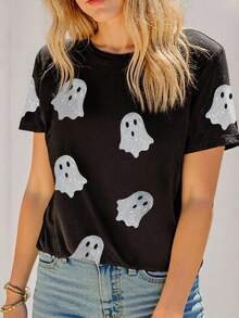 EMERY ROSE Áo thun cổ tròn in hình ma đen lấp lánh Halloween cỡ lớn dành cho nữ, Áo thun Halloween, Phù hợp cho mùa hè, Kiểu in, Áo thun thời trang hiện nay, Áo thun đẹp, Quà tặng cho anh chị em, Quà tặng cho chị em gái, Quà tặng cho mẹ, Quà tặng Ngày của Mẹ, Áo thời trang thường ngày - màu đen - Xem 4