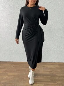 SHEIN Elegante vestido de punto con diseño estilizante, vestido largo de manga larga con cintura anudada y plisado en talla grande