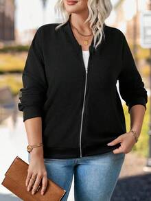 Plus Size Women's Solid Color Long Sleeve Casual Baseball Jacket, Spring Autumn Fall Winter Cloth For Women - Black - View 6