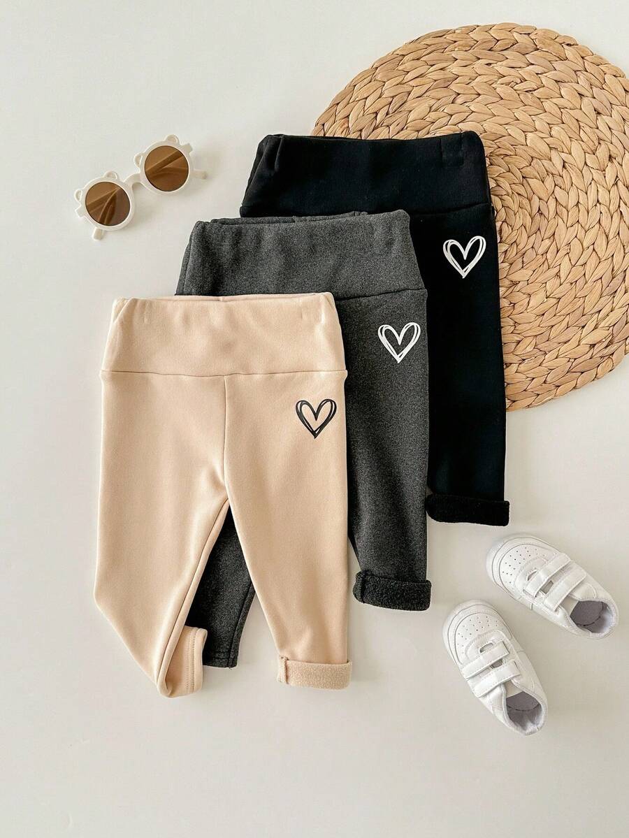 女宝宝可爱休闲百搭针织字母图案松紧腰保暖内衬厚裤子，适合秋冬季 - 彩色 - 查看 1