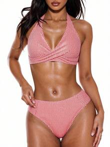 SHEIN Swim 2 件套女士春假随机条纹印花系带前背心和拼接泳裤泳衣，夏季 - 彩色 - 查看 1