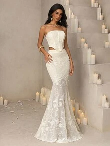 Vowa 优雅、浪漫、时尚、简约、度假风格、米色、刺绣针织面料、两件套、露肩、收腰 A 字裙、美人鱼廓形、网红风格、时尚服装，适合下午茶、派对、婚礼、毕业典礼、鸡尾酒会 - 米色 - 查看 2