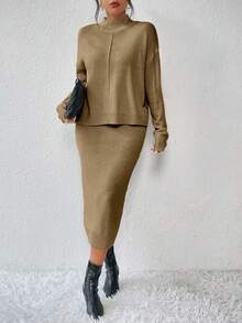 SHEIN 2件套：休闲立领长袖上衣和优雅针织裙 - 卡其色 - 查看 5