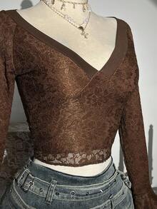 SHEIN Unity 露肩蕾丝长袖修身女式衬衫 - 棕色 - 查看 6