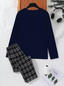 2 件男童休闲圆领长袖睡衣套装，含 SLEEP 印花上衣和格子宽松裤，柔软针织面料 - 藏蓝色 - 查看 2