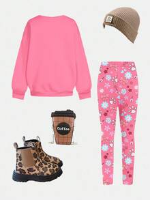 SHEIN 2 件套年轻女孩休闲套装：可爱小狗印花运动衫和紧身裤，彩虹蝴蝶结花卉印花，适合秋冬季、街头风格、休闲、校园、户外、家居 - 彩色 - 查看 3