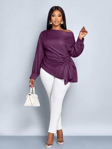 SOLERSUN Women's Plus Size Fall And Winter Solid Color Asymmetric Collar Long Sleeve Side Drawstring Ruched Fashion Blouse,Asymmetric Hem Blue Woven Fabric Shopping And Dating Blouse - Red Violet - View 4