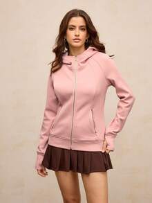 Activina Women's Solid Color Raglan Sleeve Zipper Front Hooded Thermal Lined Sports Jacket, Autumn/Winter - Pink - View 4