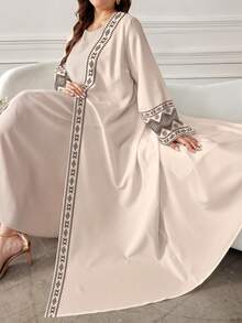 SHEIN Najma 大码女式几何印花长袖休闲阿拉伯长袍，适合春秋季节 - 彩色 - 查看 4