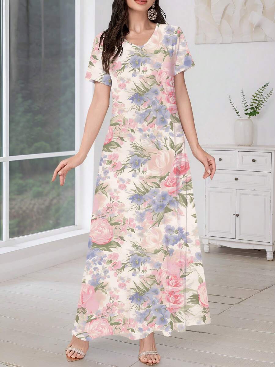 Lacomfia 女士V领印花针织短袖休闲/工作连衣裙，粉色和白色，适合日常穿着、约会、休闲、派对、假期、情人节等场合。 - 白色 - 查看 1
