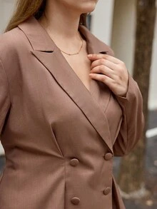 Calvaya Plus Size Solid Color Double-Breasted Jacket And Skirt Suit, Commuting Style,Brown Suit, - Coffee Brown - View 3