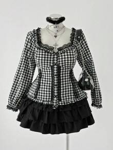 Sunspun Plus Size Women Contrast Lace Plaid Single-Breasted Shirt And Cake Skirt Fashion 2 Pieces Set - Black - View 1