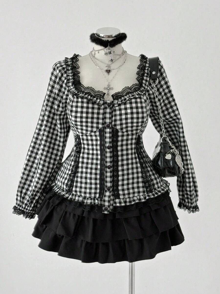 Sunspun Plus Size Women Contrast Lace Plaid Single-Breasted Shirt And Cake Skirt Fashion 2 Pieces Set - Black - View 1