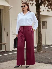 Calvaya Damen Große Größen Einfarbige Lose Elegante Plissee Weite Bein Hose - Bordeaux - Übersicht 4