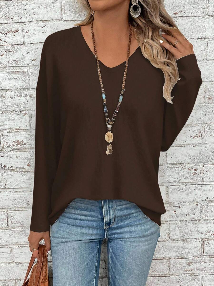 SHEIN LUNE Casual Loose Fit Coffee Color Long Sleeve T-Shirt For Plus Size Women, Suitable For Autumn/Winter