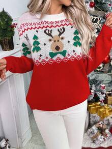 EMERY ROSE Women's Round Neck Drop Shoulder Deer Pattern Jacquard Knit Pullover Sweater Christmas - Multicolor - View 6