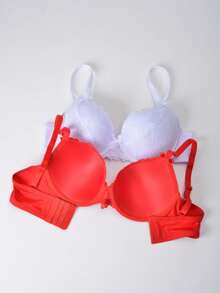Snug Zone 2pcs Christmas Lace Patchwork Supportive & Adjustable Romantic Minimalist Bra Set For Women - Red and White - View 2