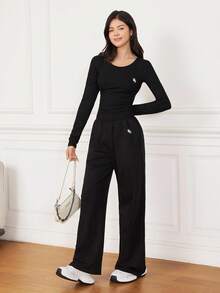 SHEIN 2pcs/Set Teen Girls Grey Knit Casual Fitted Embroidered Crew Neck Long Sleeve Top And Embroidered Basic Versatile Sweatpants Set, Suitable For Spring, Autumn, Winter, Back To School, Layering