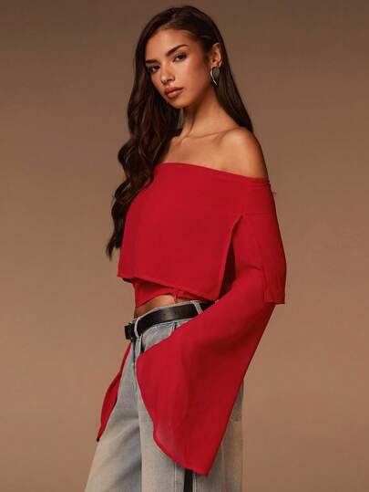 Athîral 女款纯色露肩喇叭袖短款新年连衣裙红色上衣圣诞上衣派对上衣单肩开衩设计时尚上衣