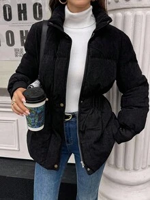 SHEIN LUNE Damen Lässig Pendler einfarbige Reißverschluss-Steppjacke, warm gefüttert, Winter - Schwarz - Übersicht 3