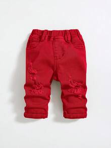 SHEIN Baby Boy Solid Color Distressed Denim Jeans, Casual & Minimalist, Suitable For Autumn/Winter - Red - View 1