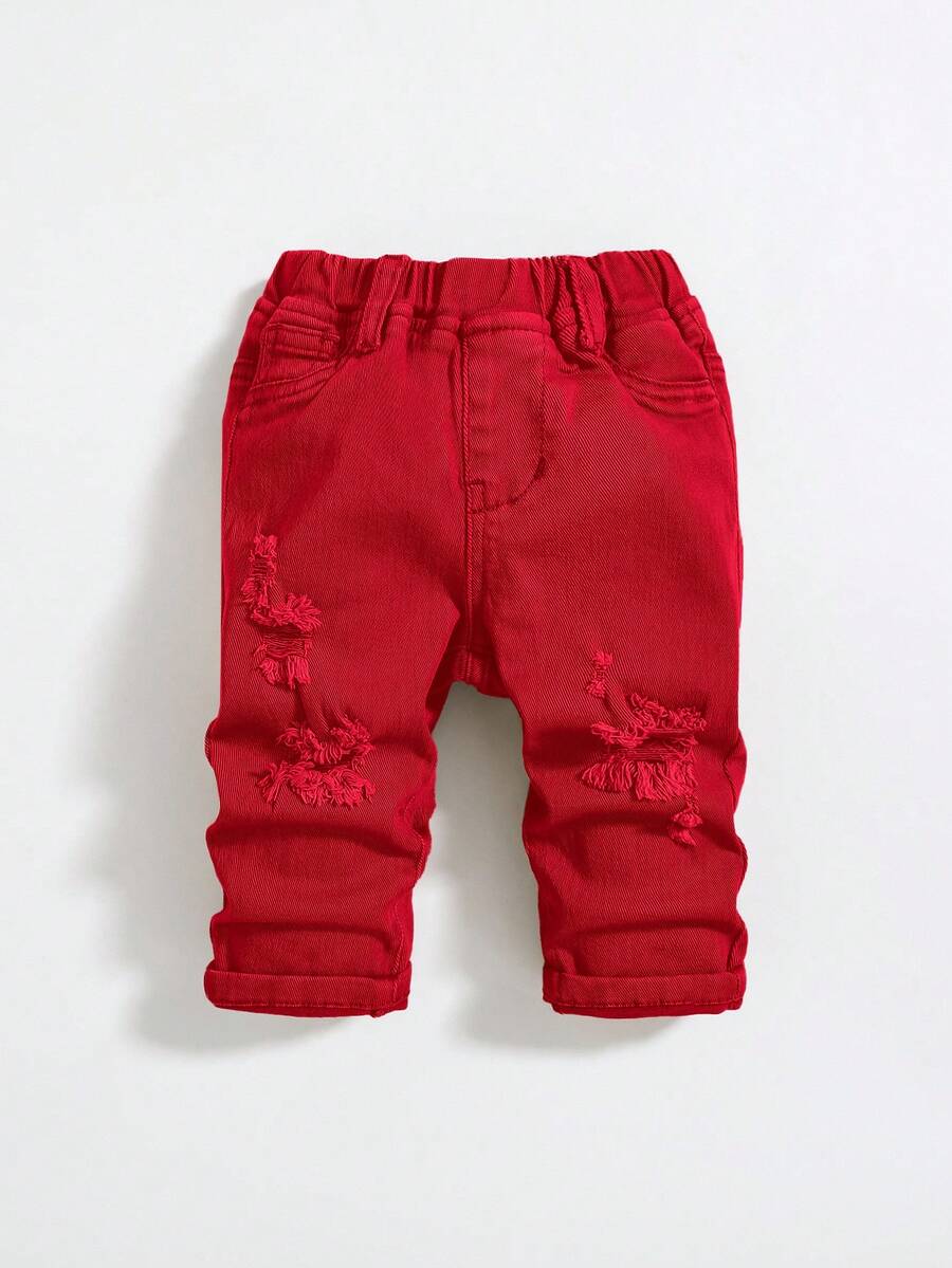SHEIN Baby Boy Solid Color Distressed Denim Jeans, Casual & Minimalist, Suitable For Autumn/Winter - Red - View 1