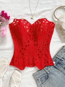 Soleia European & American Style Sexy Avant-Garde Lace Double-Layer Corset Bustier, Fishbone Contoured, Hollow Embroidered Shapewear, Red - Red - View 4