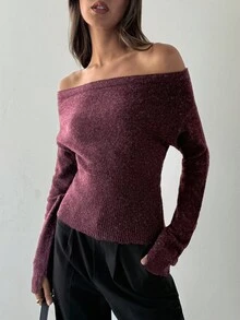 Aloruh 女装秋冬新款褶皱斜肩扭结棕色长袖毛衣 - 棕色 - 查看 5