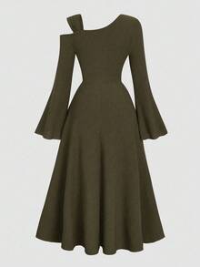 Elenzga Plus Size Women's Solid Color Knitted Ribbed Asymmetric Shoulder Flare Sleeve Ruffle Trim Bodycon Maxi Elegant Party Dress