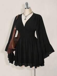 SHEIN ICON 女式纯色V领束腰优雅长袖迷你连衣裙 - 黑色 - 查看 8