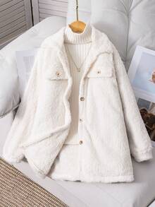 Sparklyn Girls' Solid Color Lapel Long Sleeve Cardigan With Fake Pocket Decor, Mid-Length Casual Loose Fuzzy Jacket - White - View 6
