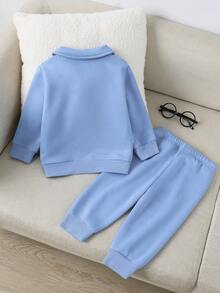 SHEIN Playful Pals 2 件套男婴幼儿 Polo 领休闲针织拉链上衣和配套松紧腰裤套装，蓝色，适合春、秋、冬，6 个月至 3 岁 - 藍色 - 查看 2