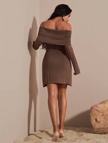 Opulessa Robe en tricot à épaules dénudées de couleur unie et ajourée pour femmes